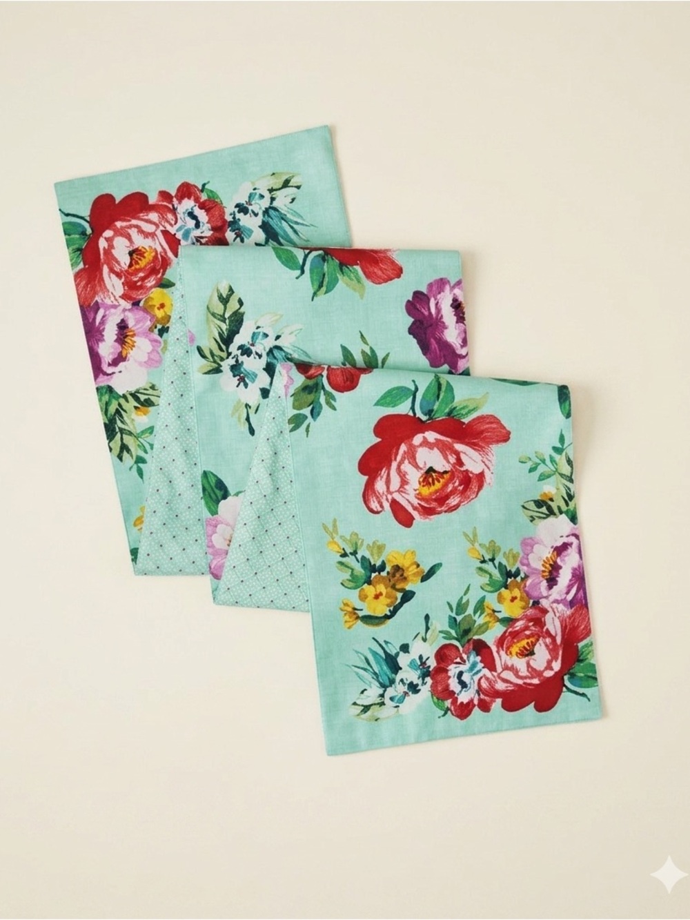 🌺 EUC The Pioneer Woman Sweet Romance Table Runner, Teal Blue, Red, 14"W x 90"L
